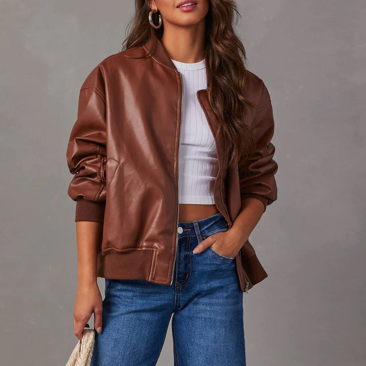 Relaxed Faux Leather Bomber Jacket