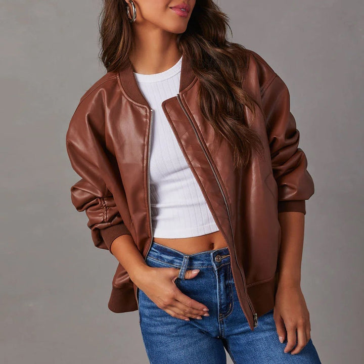 Relaxed Faux Leather Bomber Jacket