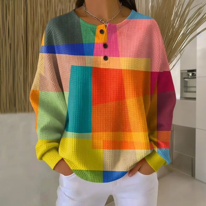 Colourblock Waffle-Knit Button-Neck Jumper
