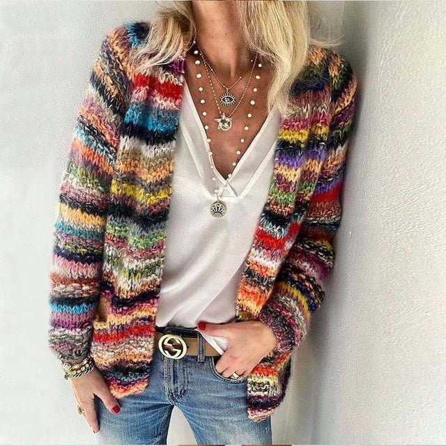 Multicolour Striped Open-Front Knitted Cardigan