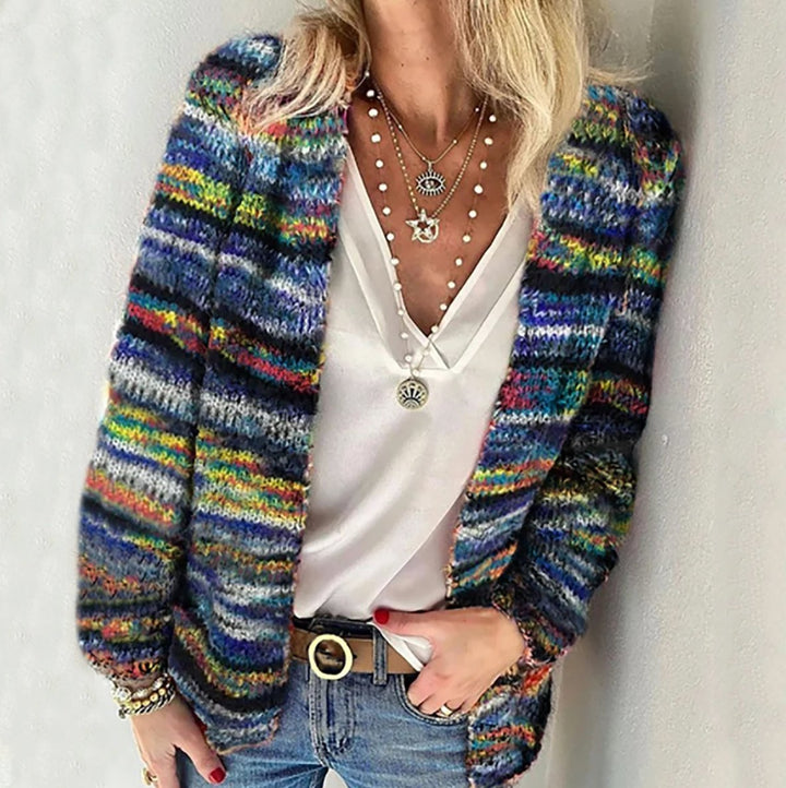 Multicolour Striped Open-Front Knitted Cardigan