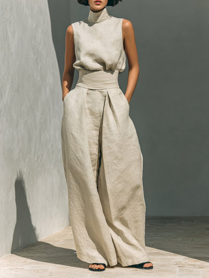 Cotton Linen High-Neck Two-Piece Set