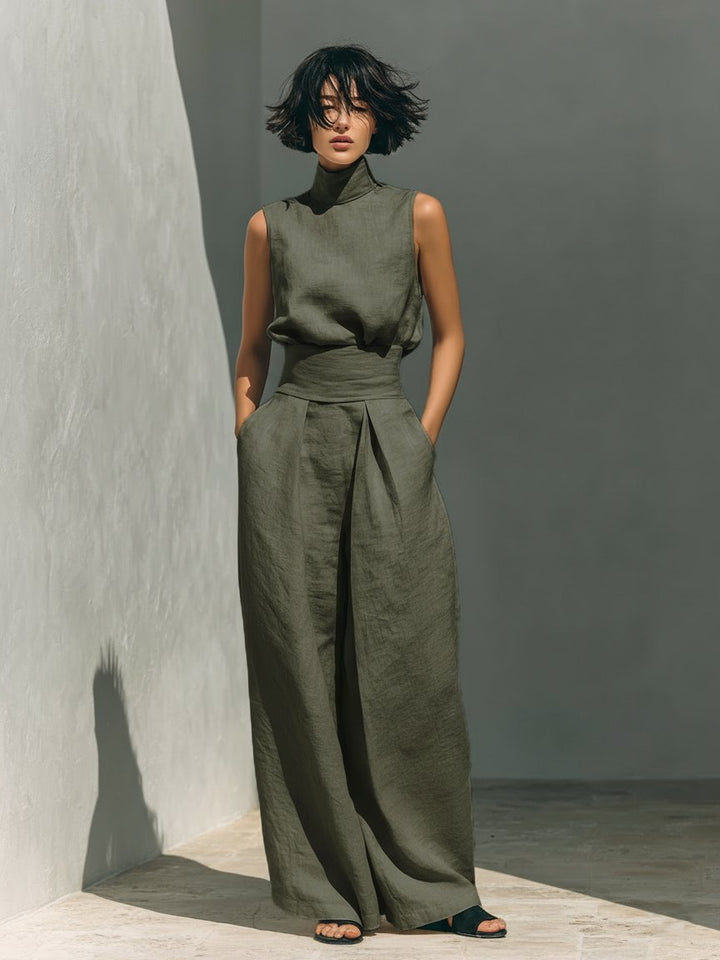 Cotton Linen High-Neck Two-Piece Set