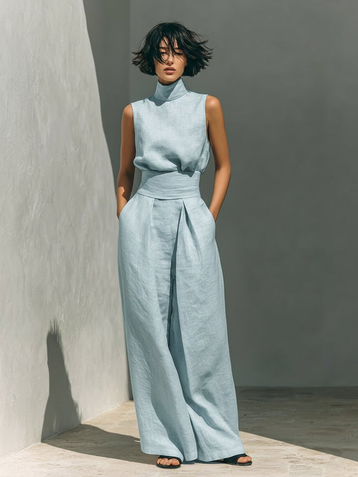 Cotton Linen High-Neck Two-Piece Set