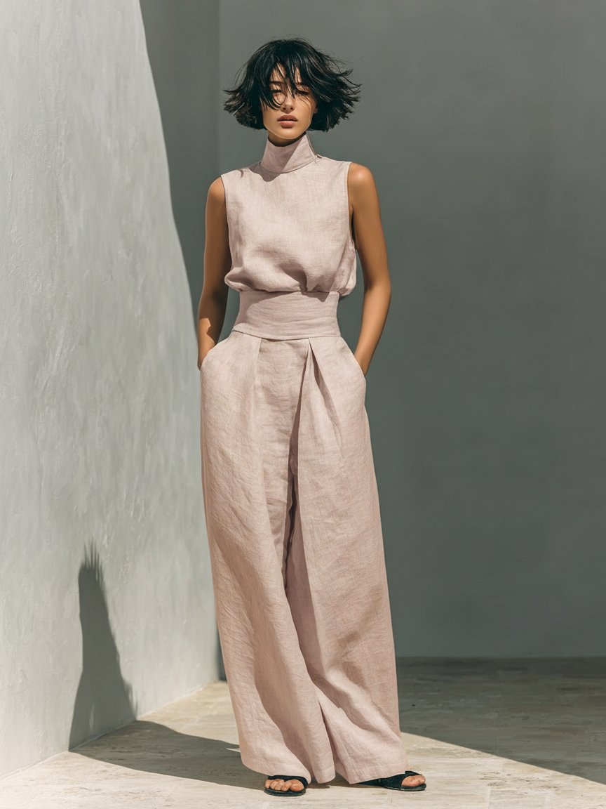 Cotton Linen High-Neck Two-Piece Set