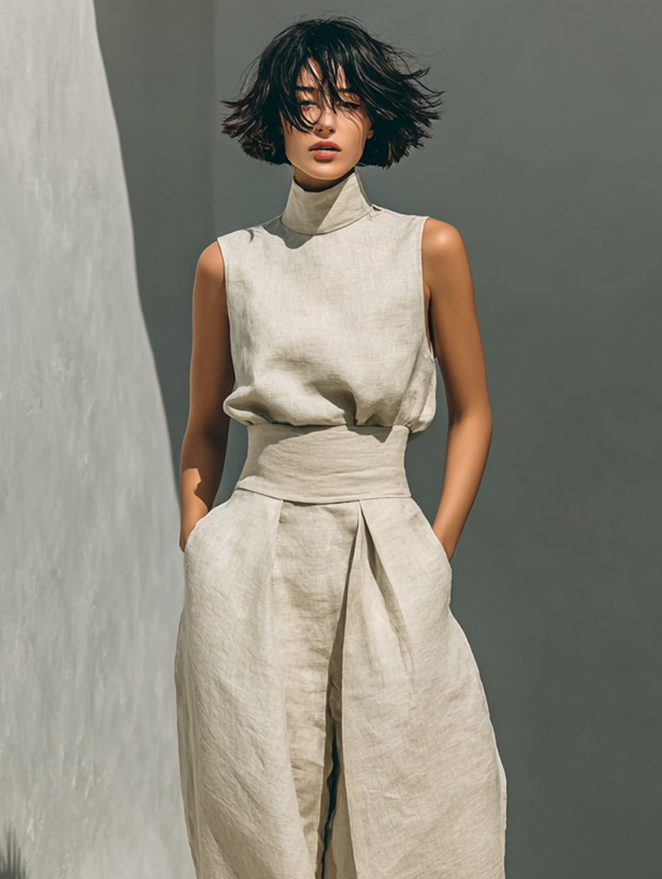 Cotton Linen High-Neck Two-Piece Set