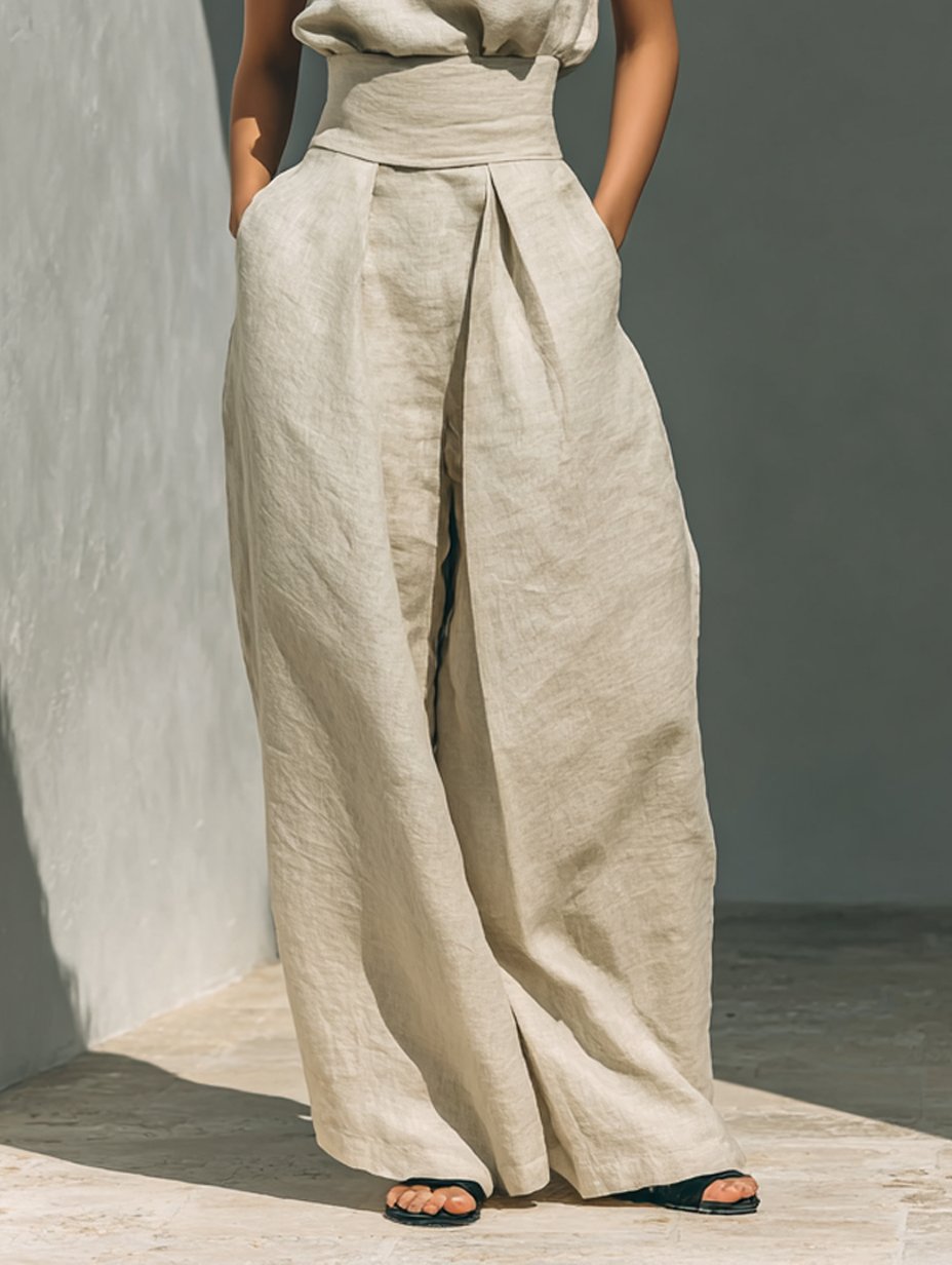 Cotton Linen High-Neck Two-Piece Set