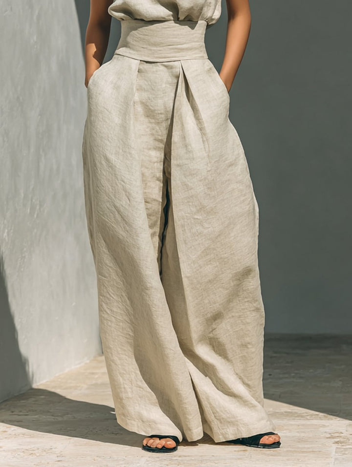 Cotton Linen High-Neck Two-Piece Set