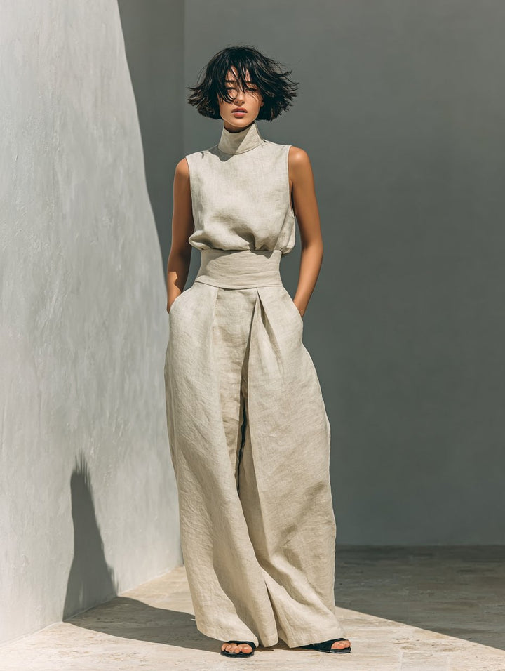 Cotton Linen High-Neck Two-Piece Set