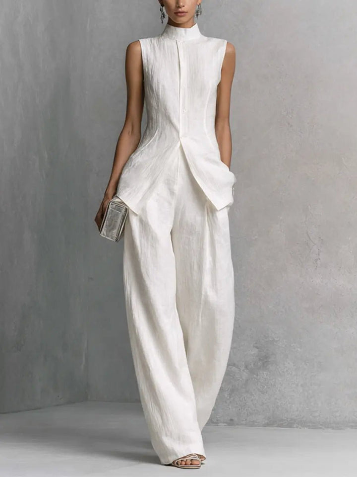 Cotton-Linen Stand-Collar Two-Piece Set