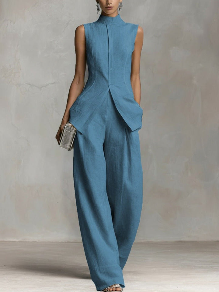 Cotton-Linen Stand-Collar Two-Piece Set