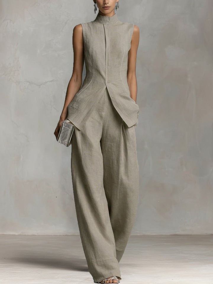 Cotton-Linen Stand-Collar Two-Piece Set