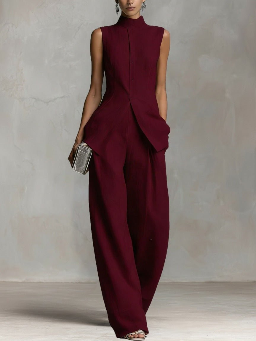 Cotton-Linen Stand-Collar Two-Piece Set