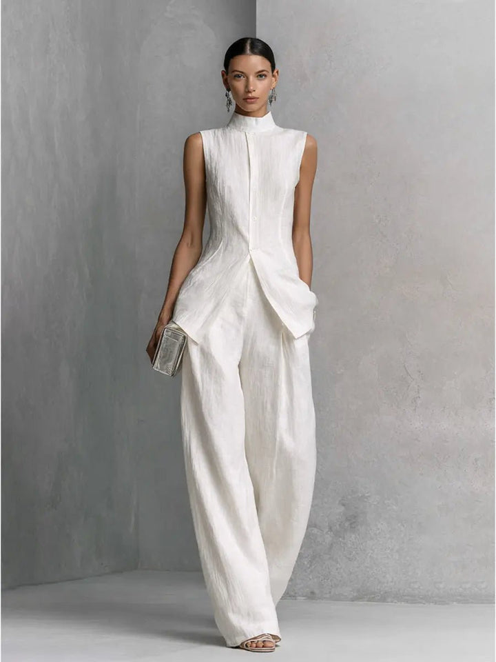 Cotton-Linen Stand-Collar Two-Piece Set