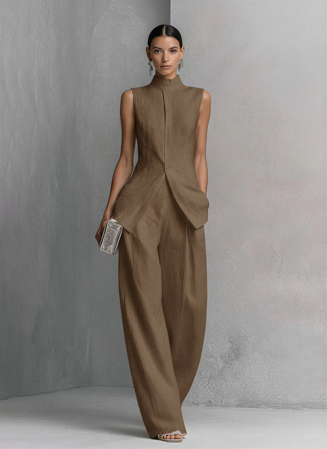 Cotton-Linen Stand-Collar Two-Piece Set