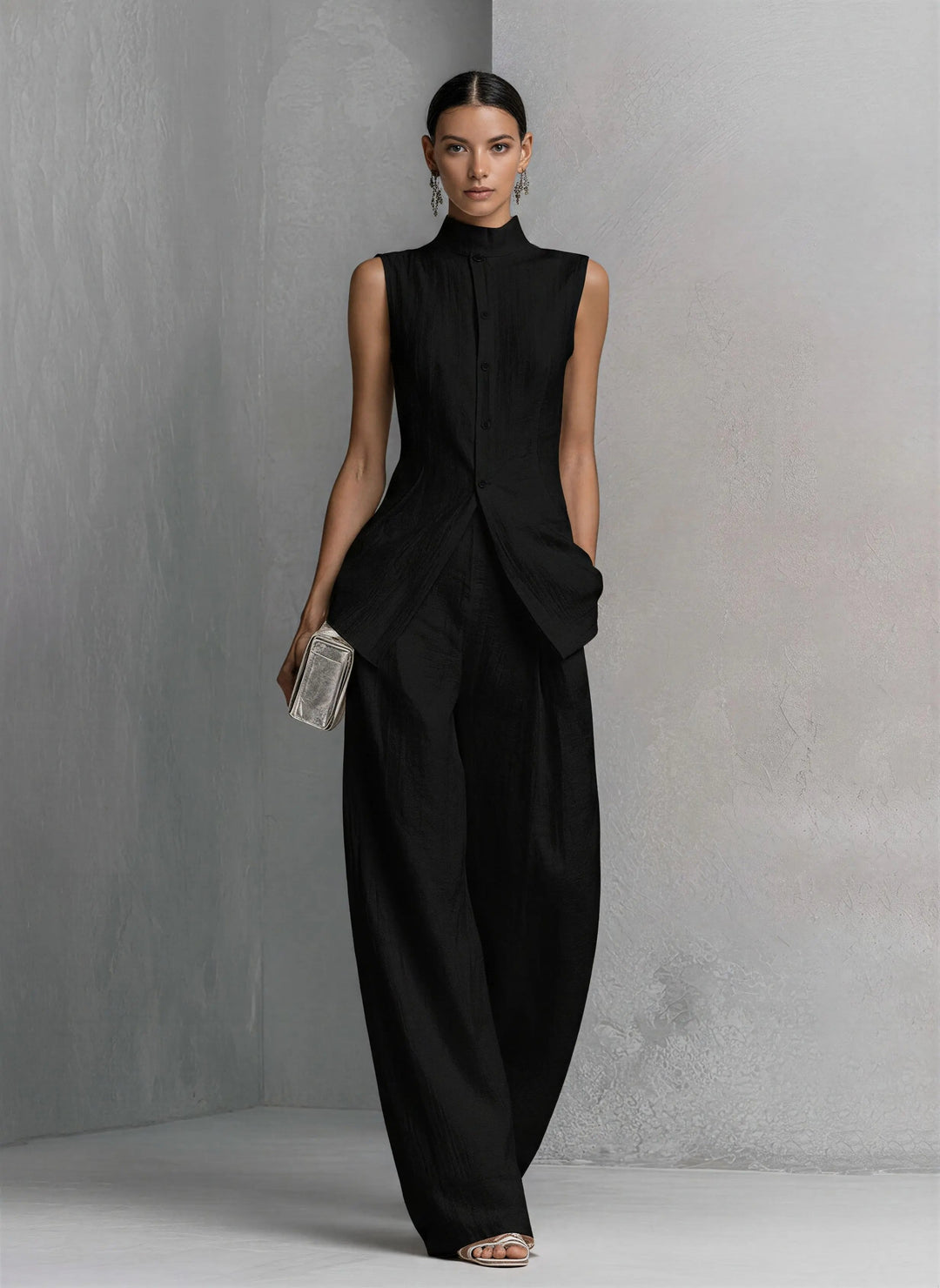 Cotton-Linen Stand-Collar Two-Piece Set