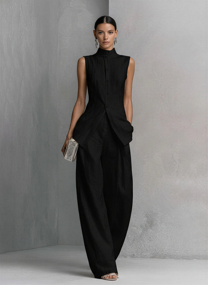 Cotton-Linen Stand-Collar Two-Piece Set