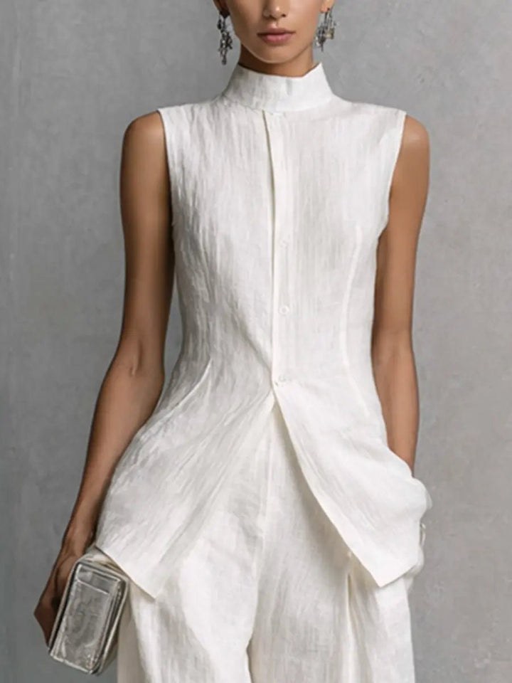 Cotton-Linen Stand-Collar Two-Piece Set