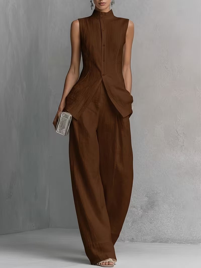 Cotton-Linen Stand-Collar Two-Piece Set