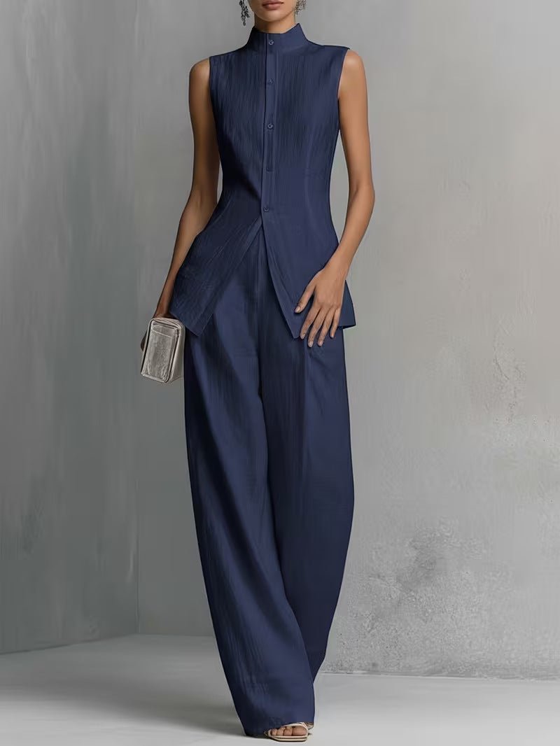 Cotton-Linen Stand-Collar Two-Piece Set
