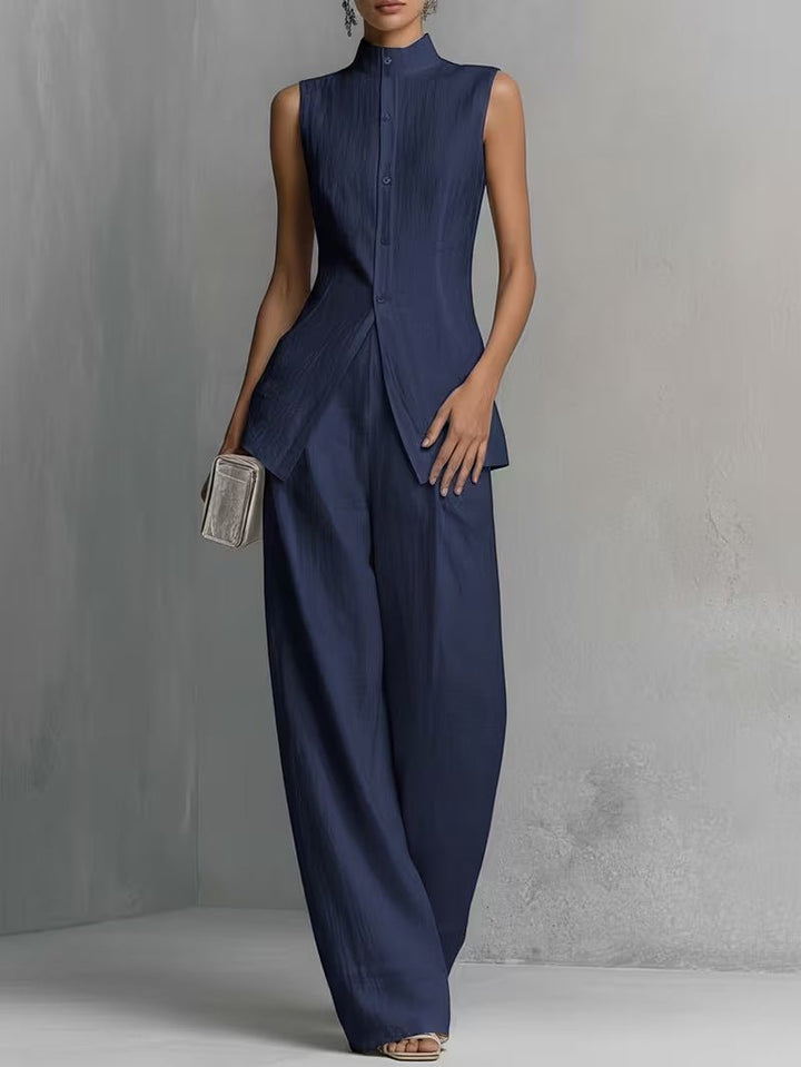 Cotton-Linen Stand-Collar Two-Piece Set