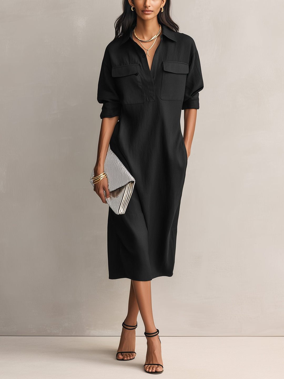 Cotton Linen V-Neck Midi Shirt Dress