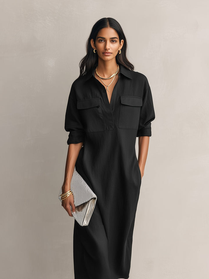 Cotton Linen V-Neck Midi Shirt Dress