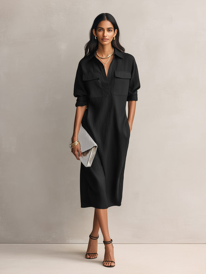 Cotton Linen V-Neck Midi Shirt Dress