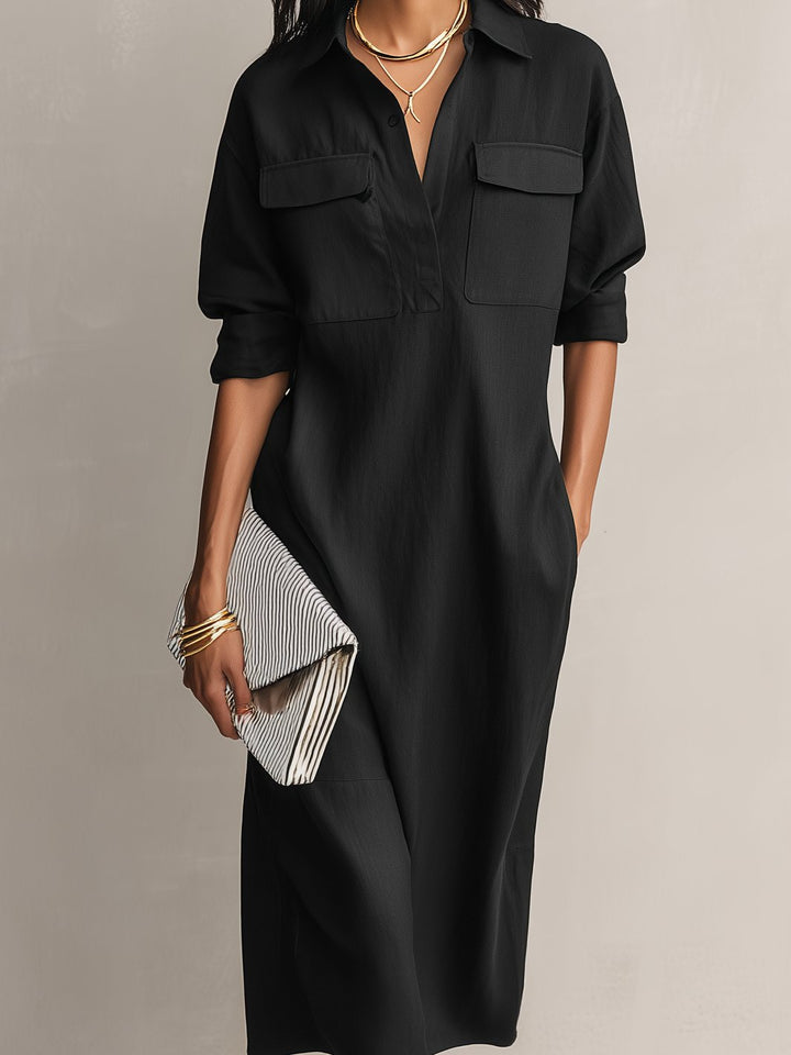 Cotton Linen V-Neck Midi Shirt Dress