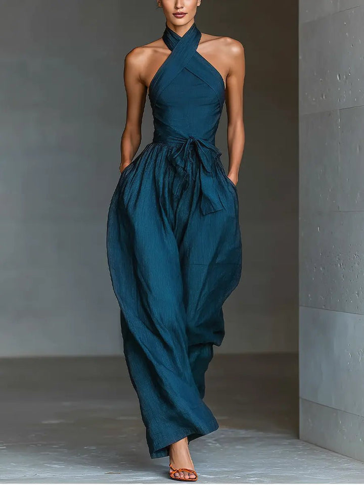 Cross Halter Wide-Leg Linen Jumpsuit