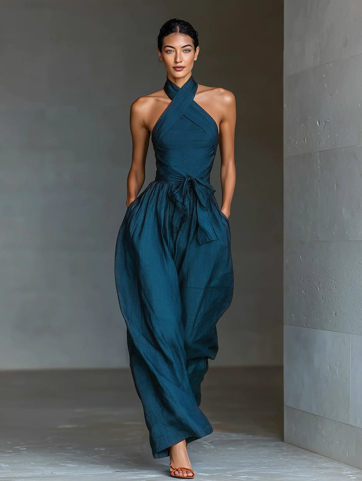 Cross Halter Wide-Leg Linen Jumpsuit