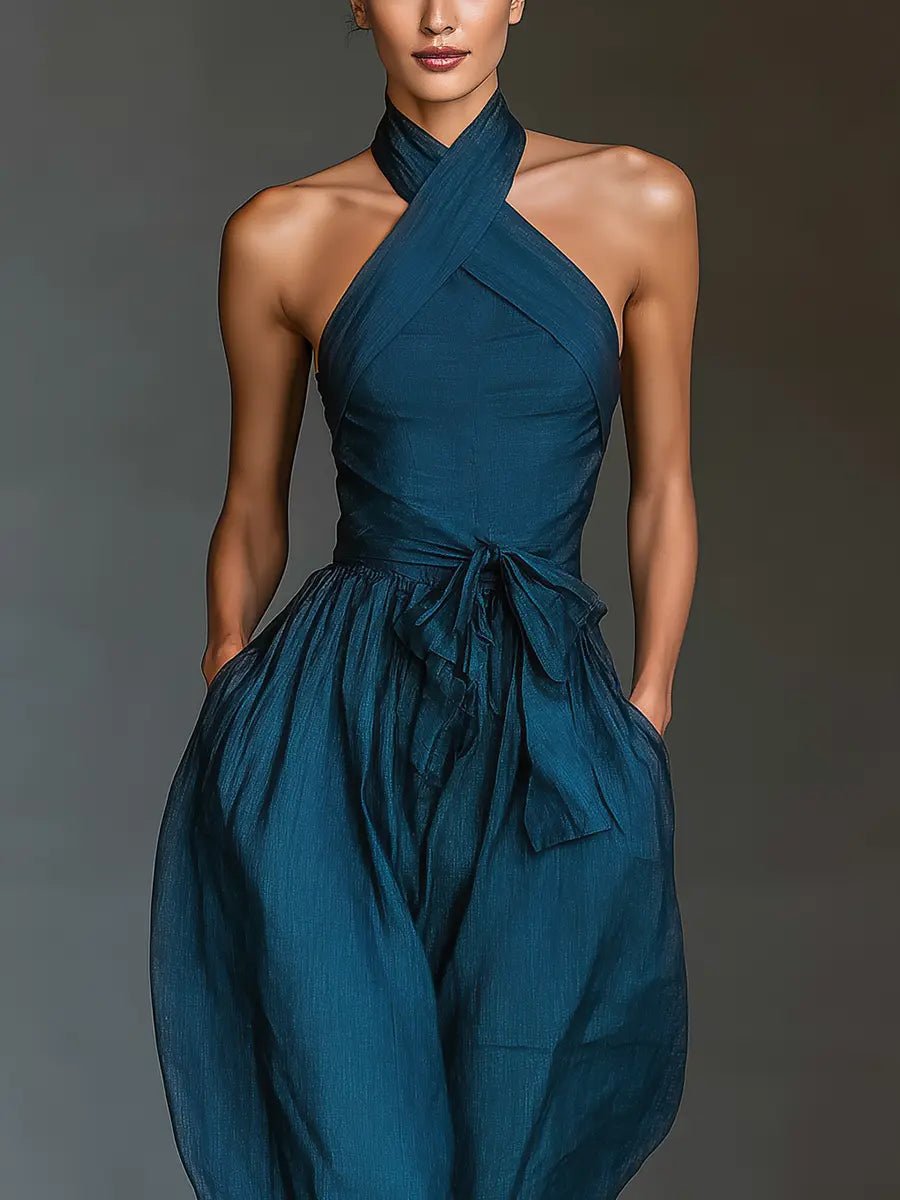 Cross Halter Wide-Leg Linen Jumpsuit