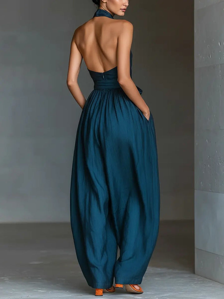 Cross Halter Wide-Leg Linen Jumpsuit