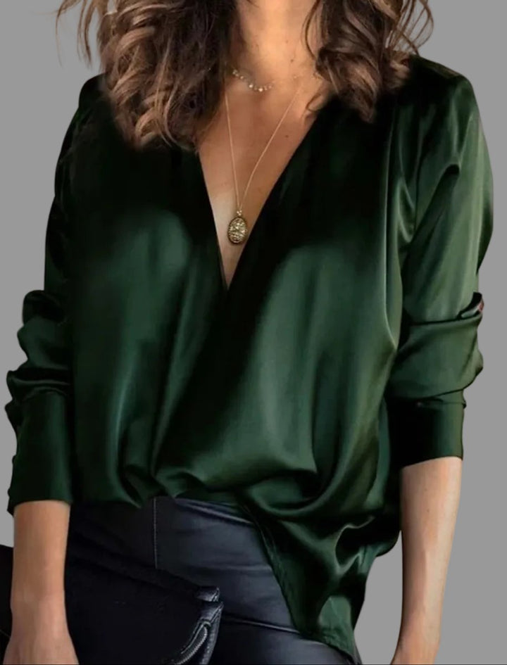 Deep V-Neck Satin Long Sleeve Blouse