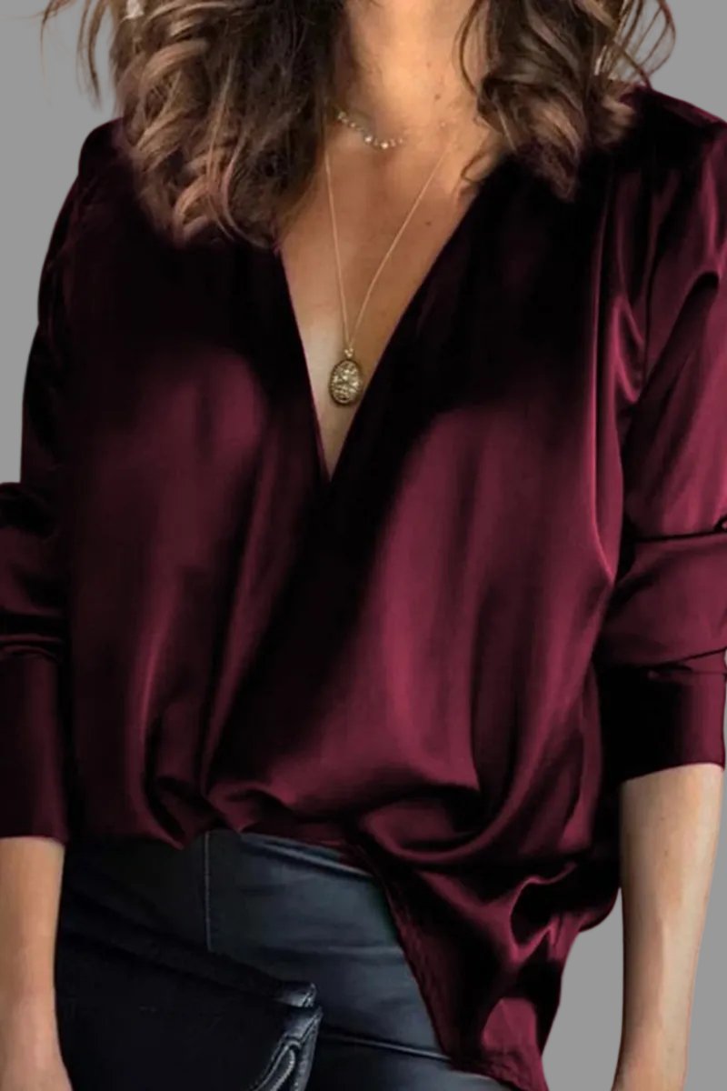 Deep V-Neck Satin Long Sleeve Blouse
