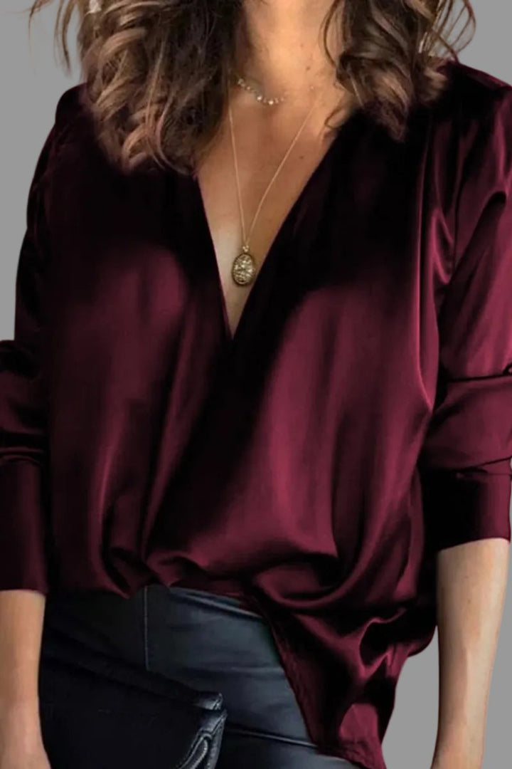 Deep V-Neck Satin Long Sleeve Blouse