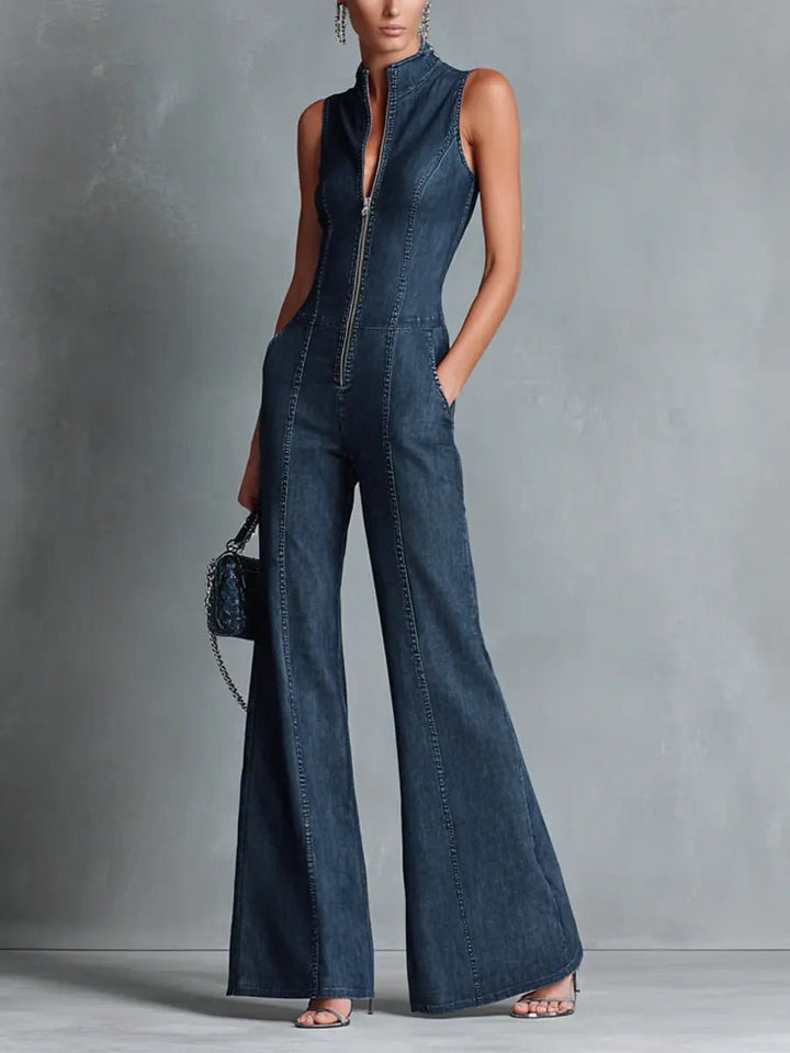 High-Neck Flared Denim Jumpsuit