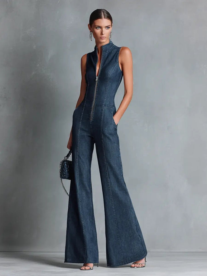High-Neck Flared Denim Jumpsuit