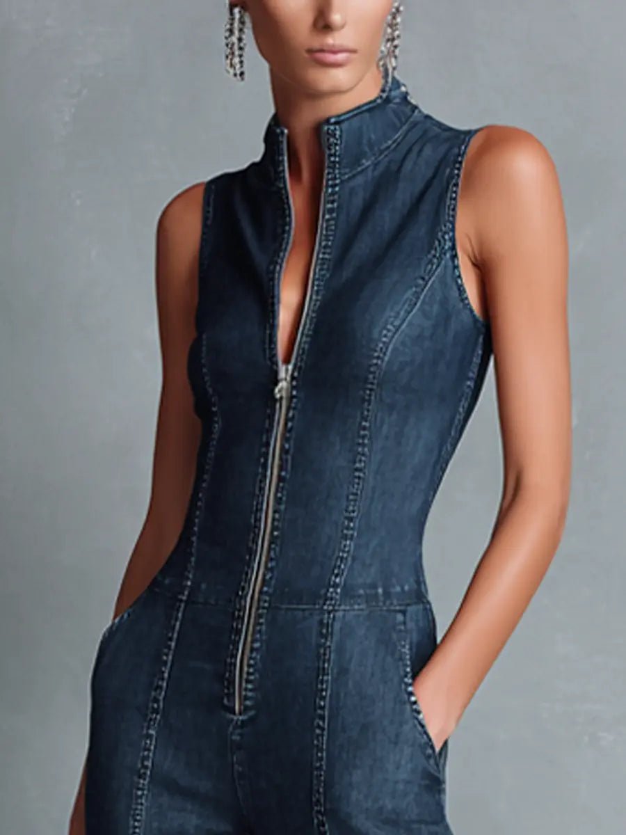 High-Neck Flared Denim Jumpsuit