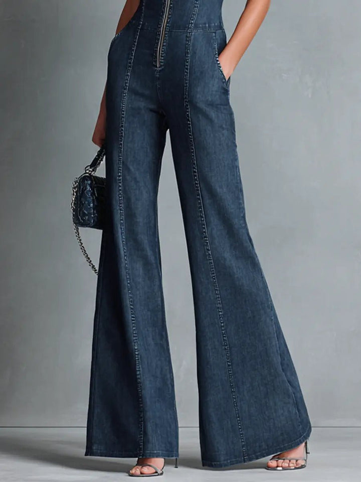 High-Neck Flared Denim Jumpsuit