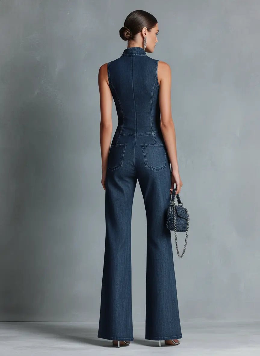 High-Neck Flared Denim Jumpsuit