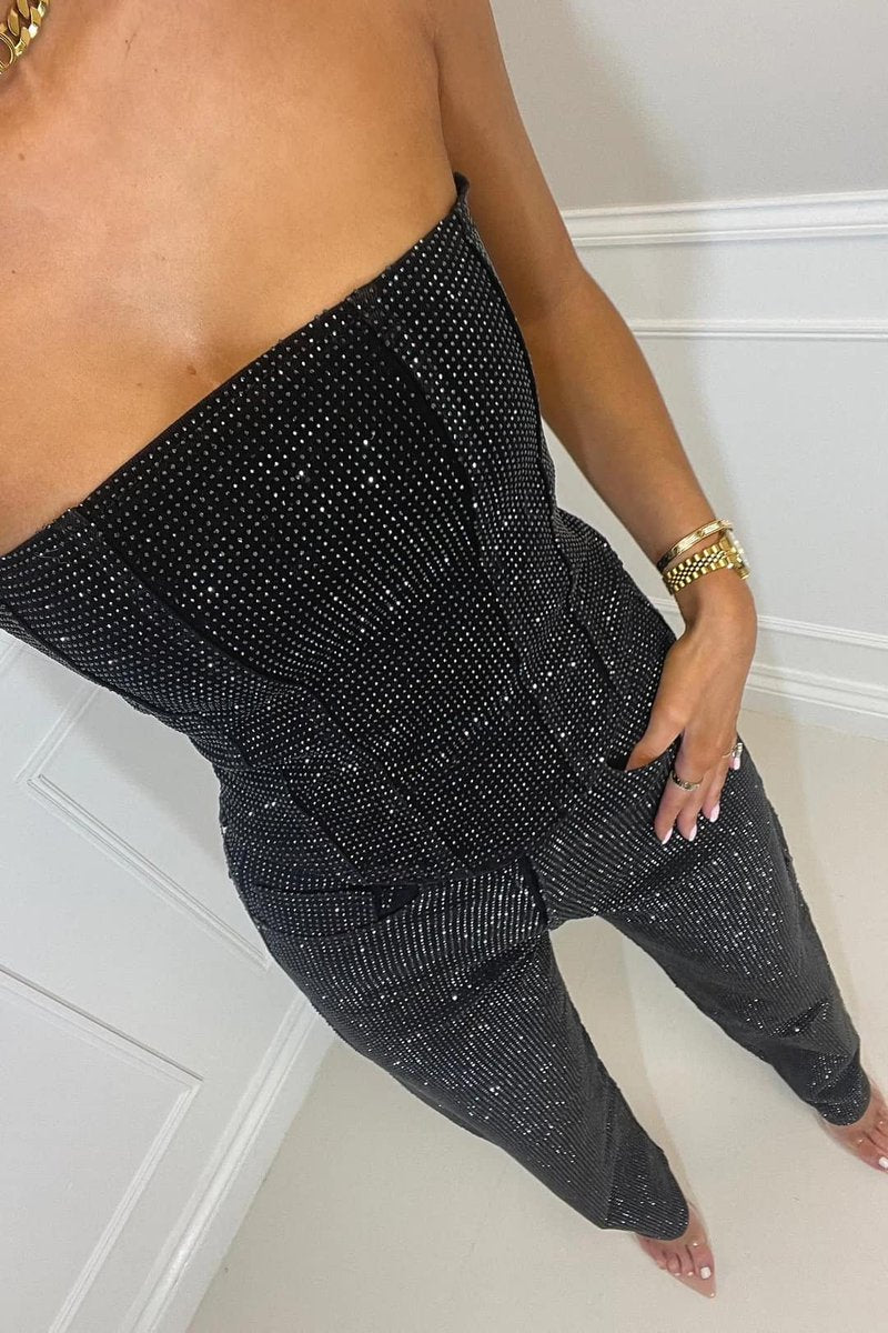 Strapless Sequin Straight-Leg Jumpsuit