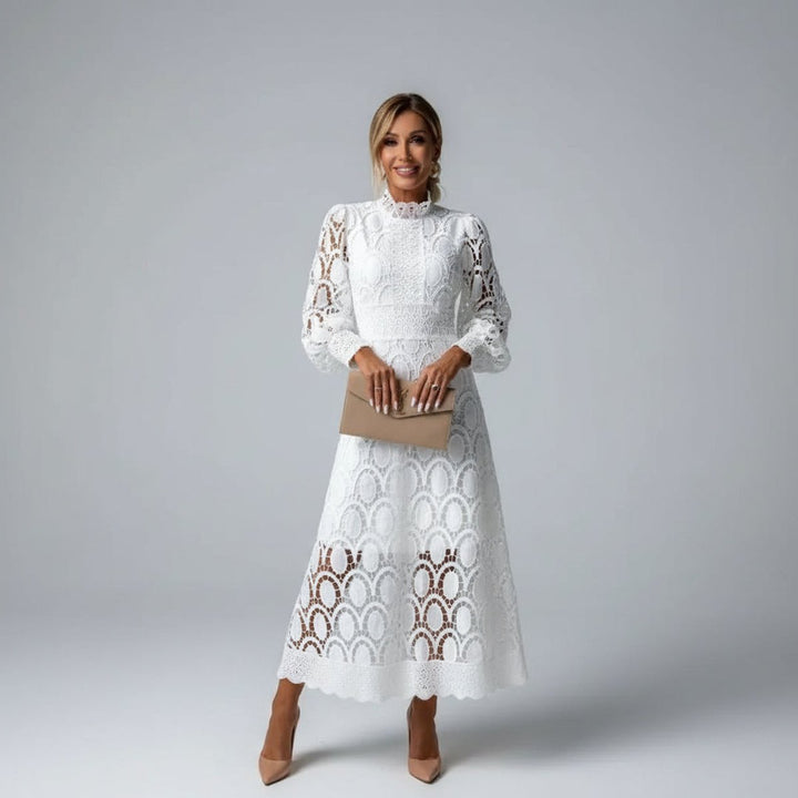 Lace A-Line Midi Dress with Mock Neck