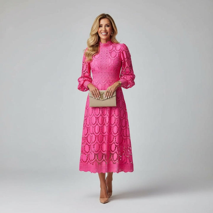 Lace A-Line Midi Dress with Mock Neck