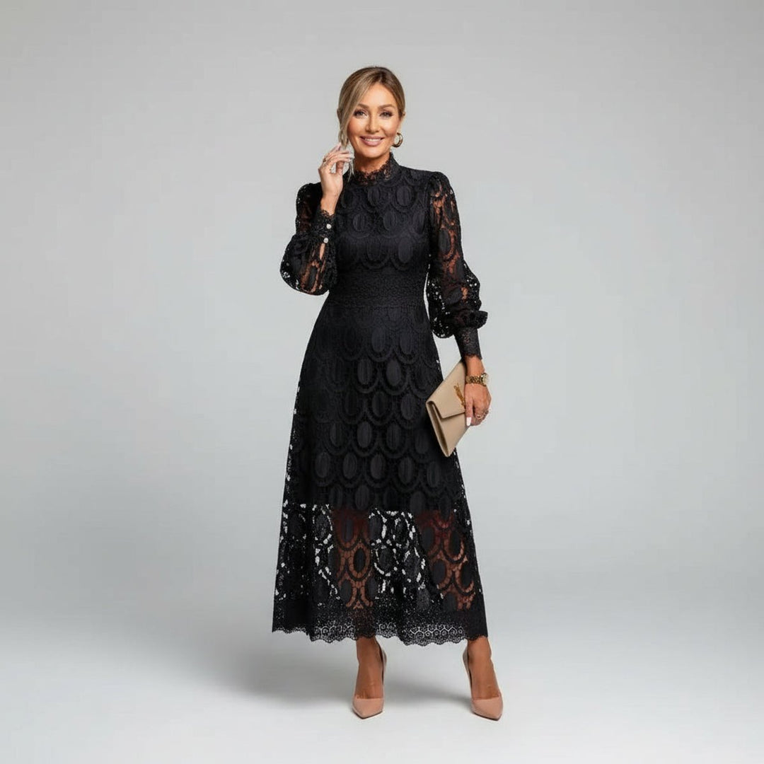 Lace A-Line Midi Dress with Mock Neck