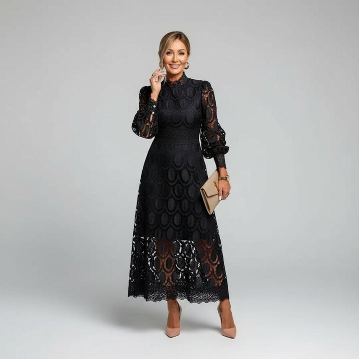 Lace A-Line Midi Dress with Mock Neck