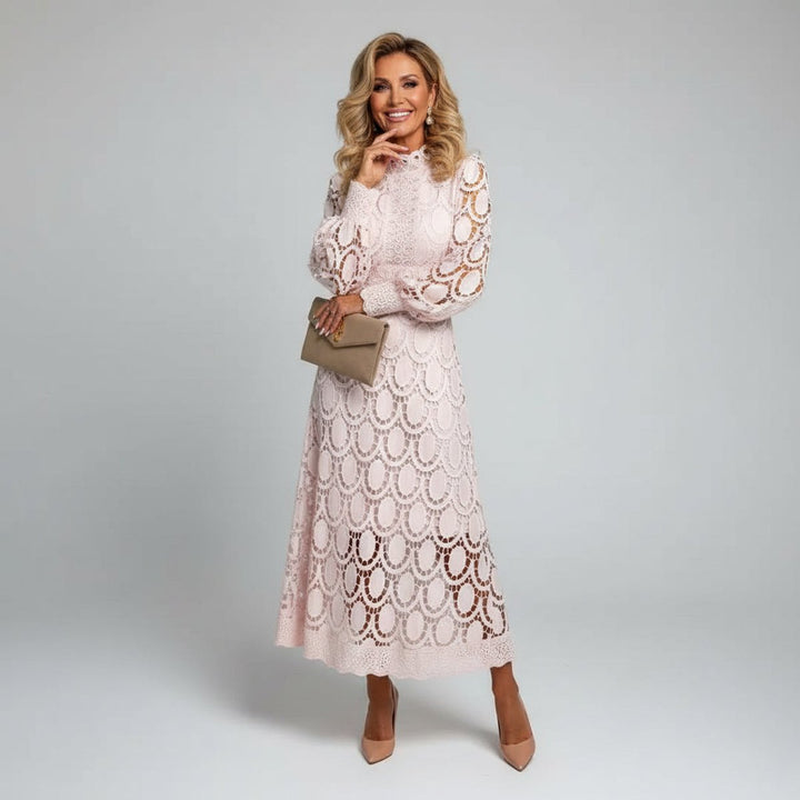 Lace A-Line Midi Dress with Mock Neck