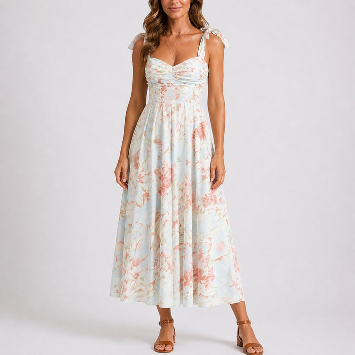 Floral Ruched Tie-Shoulder Midi Dress