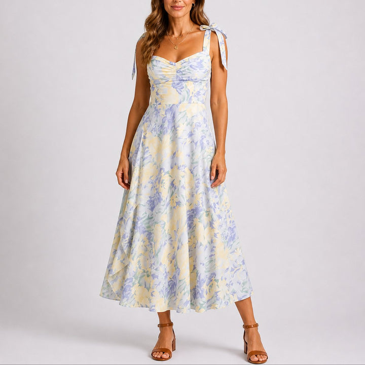 Floral Ruched Tie-Shoulder Midi Dress