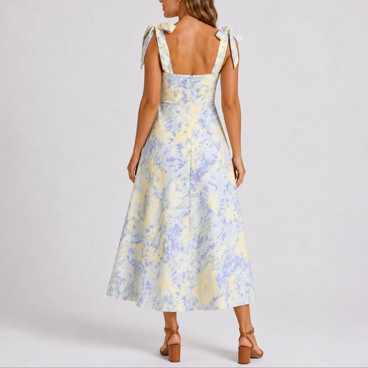 Floral Ruched Tie-Shoulder Midi Dress